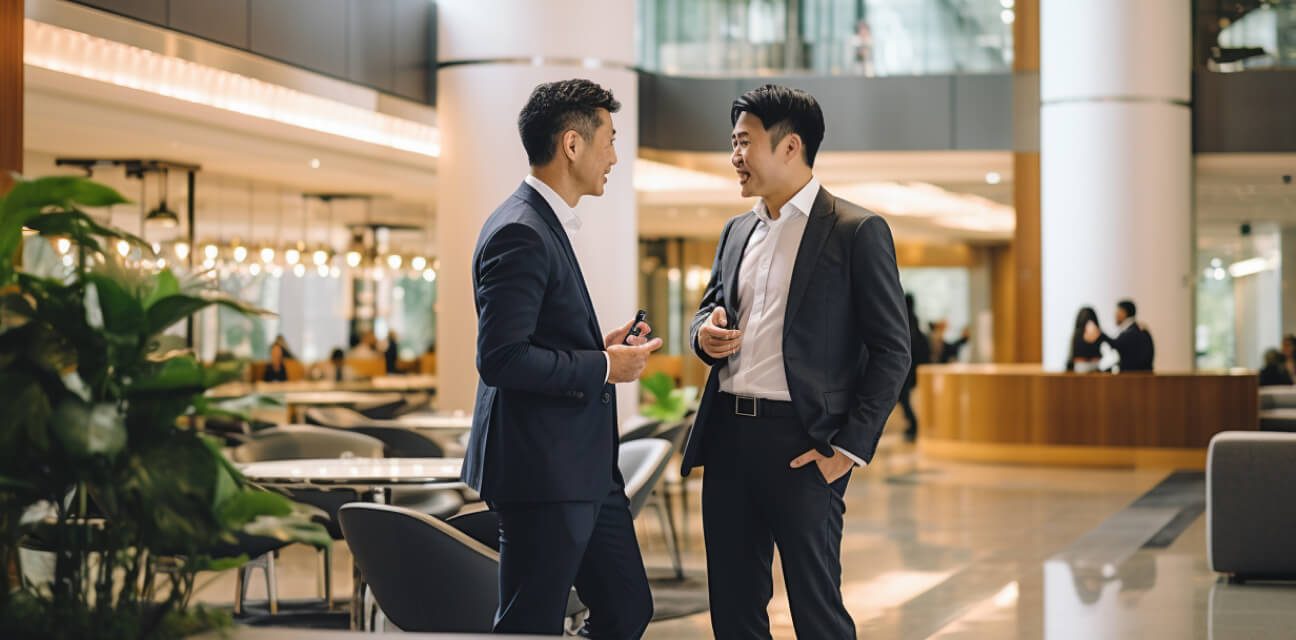Two Asian men in business attire lively discussing in the lobby of an office building